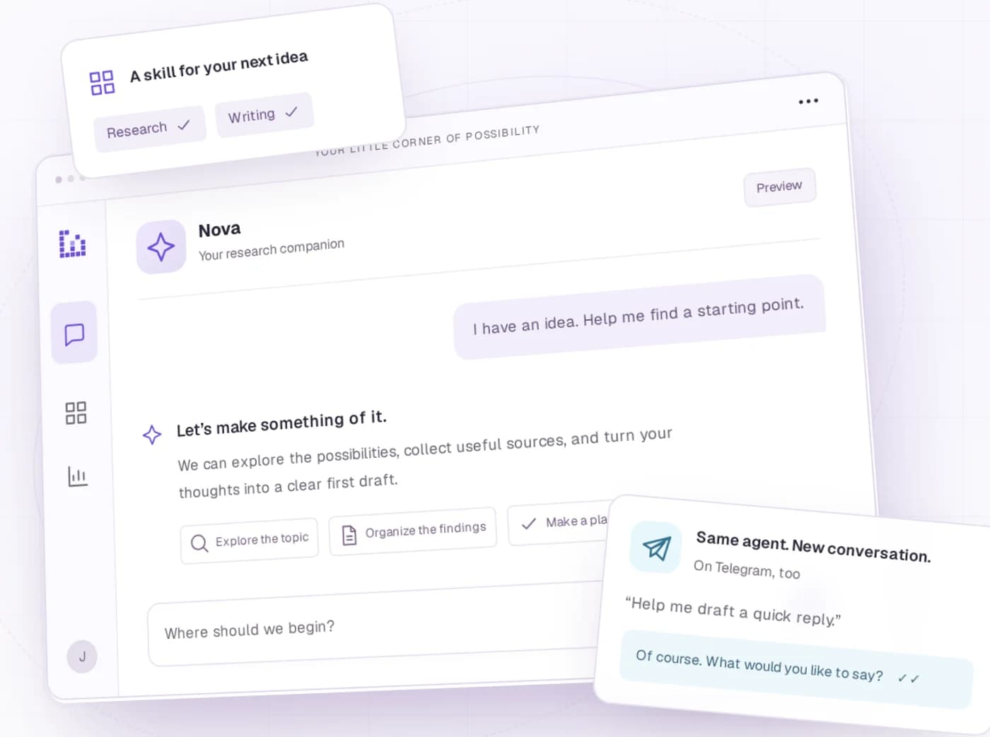 Lomus illustrative agent preview with a research conversation, Telegram message, and skills