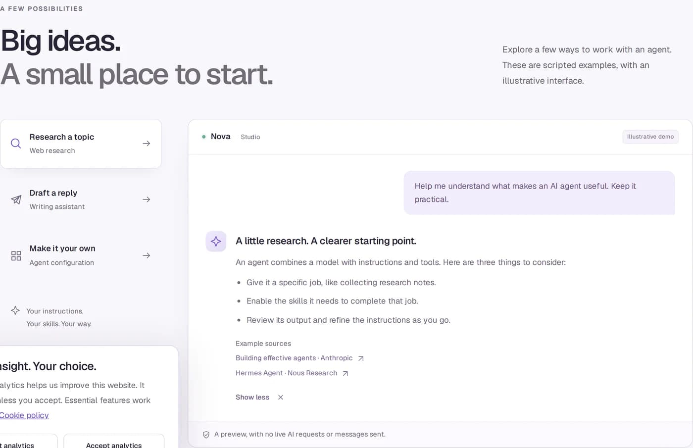 Lomus scripted research demonstration showing an agent conversation and example sources