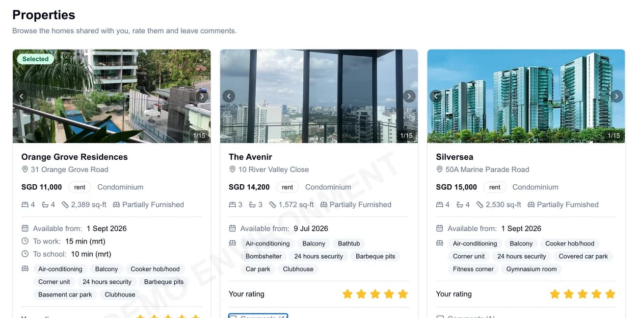 Relobot demo property comparisons with prices, amenities, commute times, and ratings