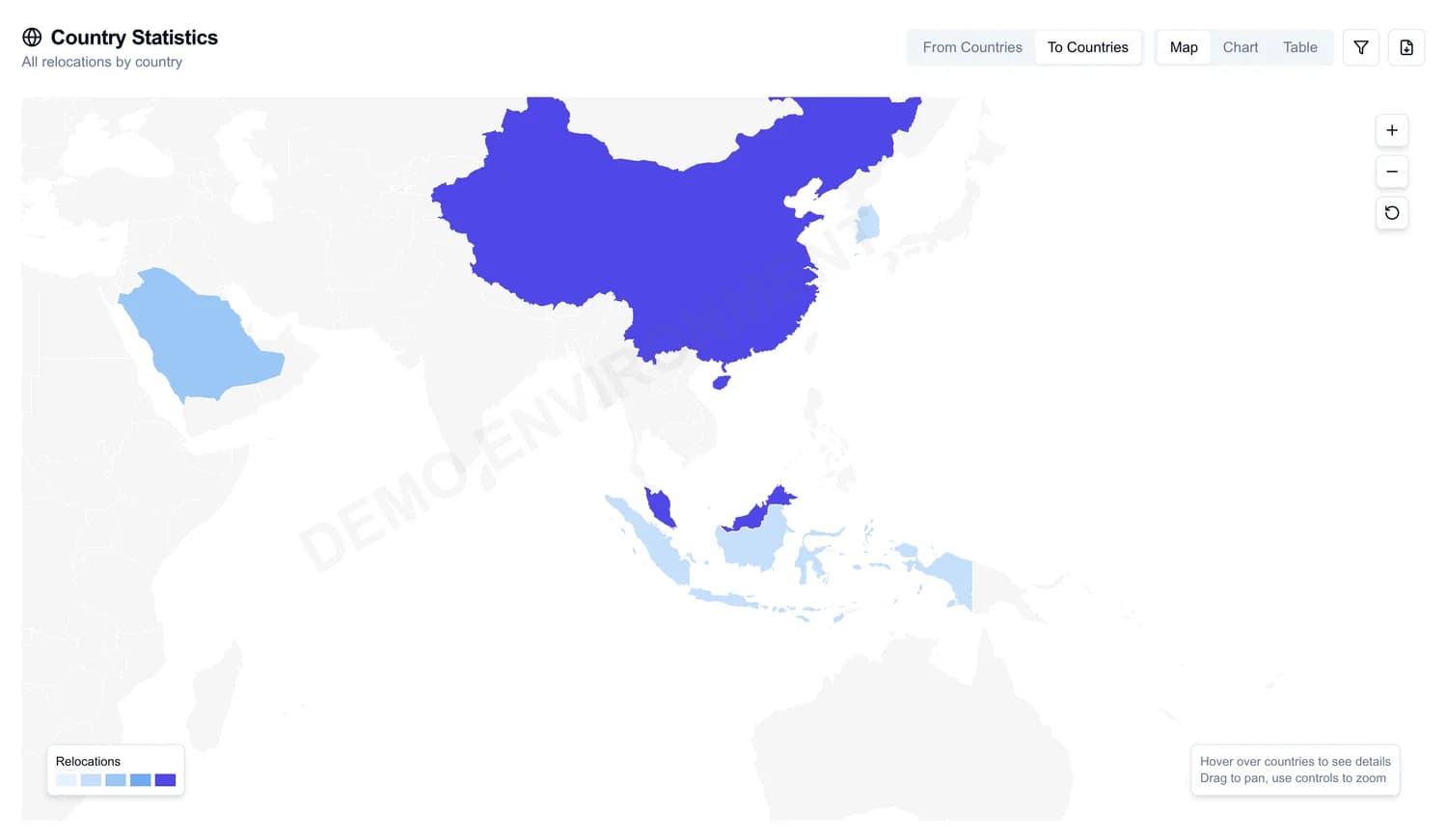 Relobot dashboard showing relocation activity across destinations using demo data