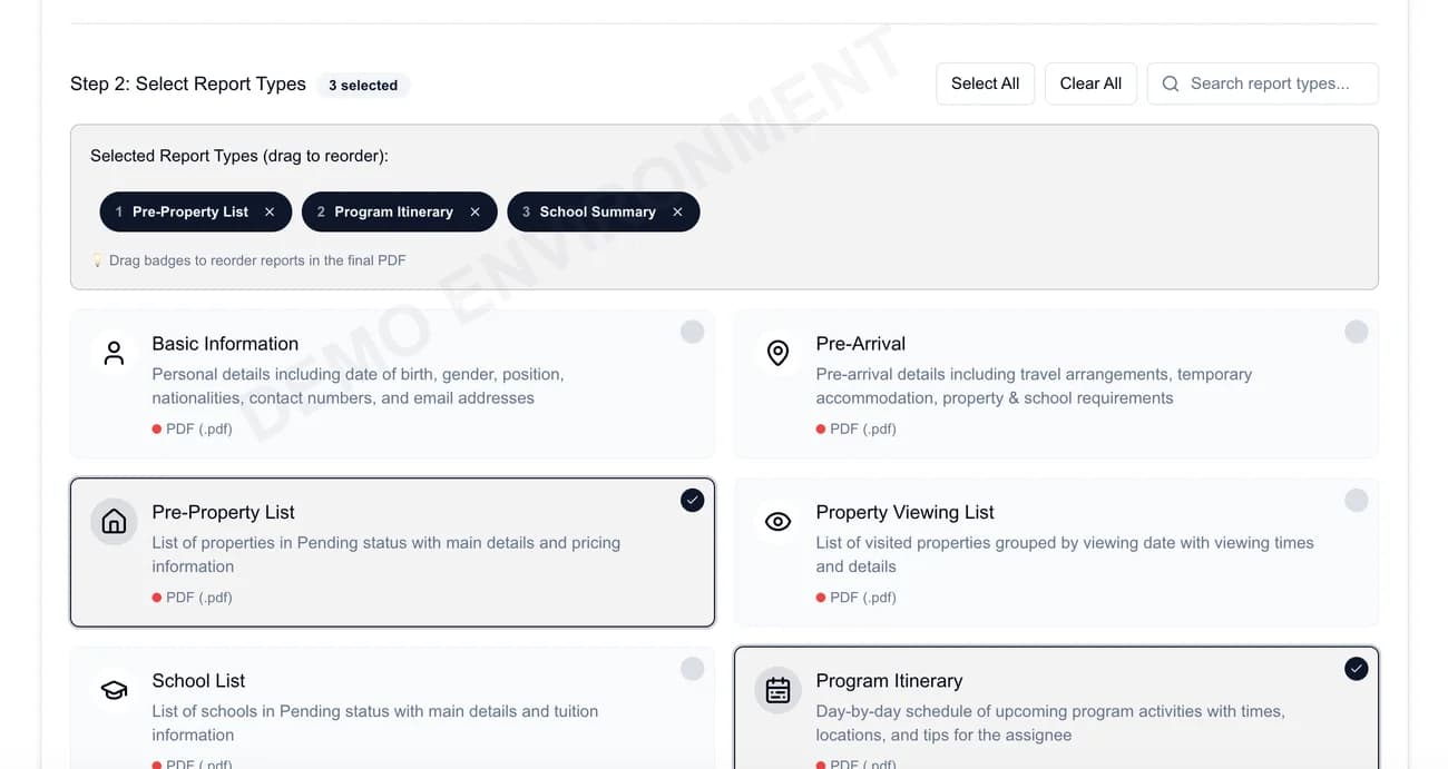 Relobot report builder showing selectable PDF report sections